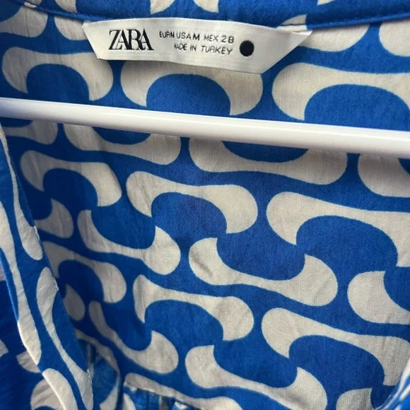 Zara Blue Preppy Patterned Blue Wrap Tie Dress - Size M - Picture 8 of 8